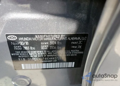2019 Hyundai Elantra Se from USA, damaged, VIN 5NPD74LF4KH442726
